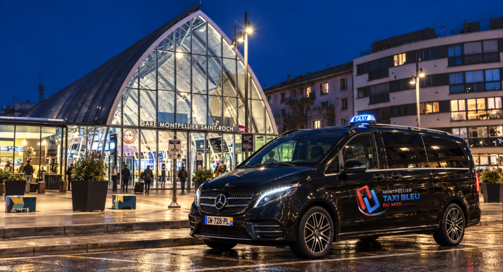 Taxi devant l’entrée de la gare Montpellier Saint-Roch