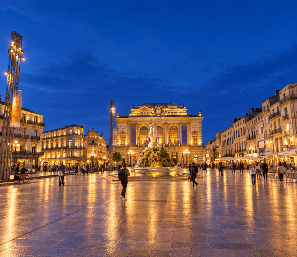 Place de la Comédie et fontaine des Trois Grâces illuminées à Montpellier